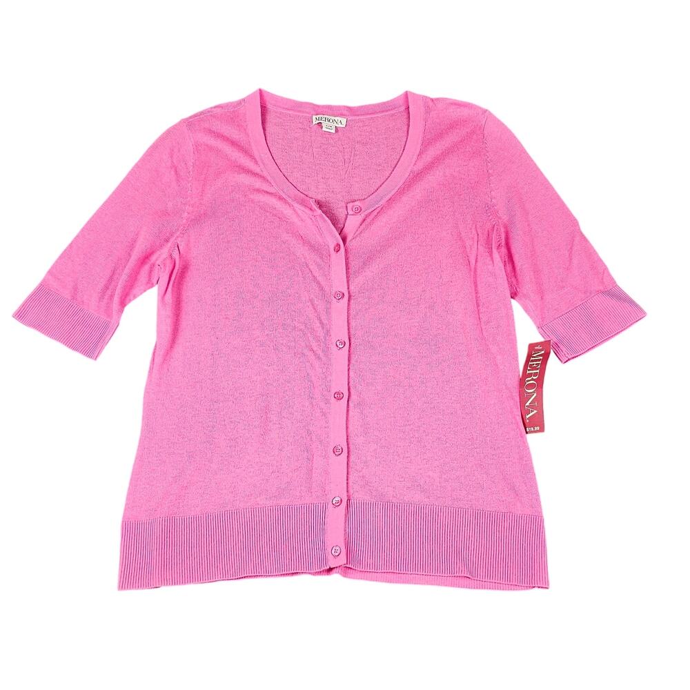Merona womens cardigan sz L mid sleeve button up hot pink summer barbie